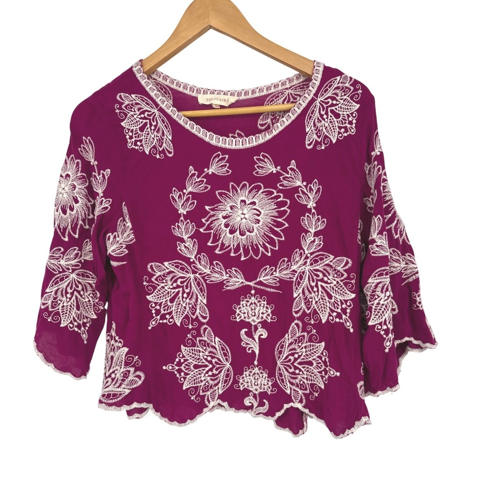 Solitaire Blouse Women L Magenta Embroidered Floral Bell Sleeve Boho Peasant